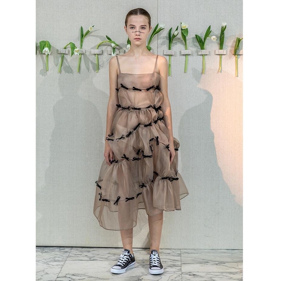 Marchen Dress Bow Embellished Asymmetric Organza Midi Dress Beige Black S — image 8 of 8
